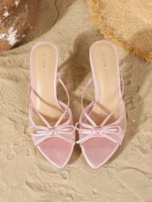 On feet& in love 女士时尚优雅网纱蝴蝶结露趾高跟凉拖鞋，适合夏季搭配连衣裙穿着 - 粉色 - 查看 5