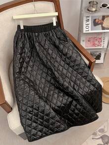 女士冬秋季 Old Money 风格绗缝毛绒涤纶 A 字型及地长裙 | 纯黑色，松紧腰身，实用口袋 | 保暖，优雅别致 | 适合日常穿着、周末出游、派对中长裙、圣诞裙、万圣节女士服装、民事婚礼裙、沙特国庆节服装 | 女士冬季休闲时尚下装 - 黑色 - 查看 2