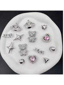 14pcs Silver Shiny Star, Teddy Bear, Crown Shoe Clips With Heart Shaped Faux Pearls, Multi-Functional Detachable Shoe Clips Suitable For Women Sandals, Slippers, Christmas, Birthday Party Gifts