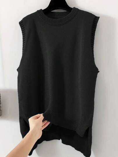 休闲简约百搭通勤套头毛衣，圣诞节加大码女式无袖背心，春秋冬季时尚纯色圆领针织开衫，下摆开衩，适合加大码女性