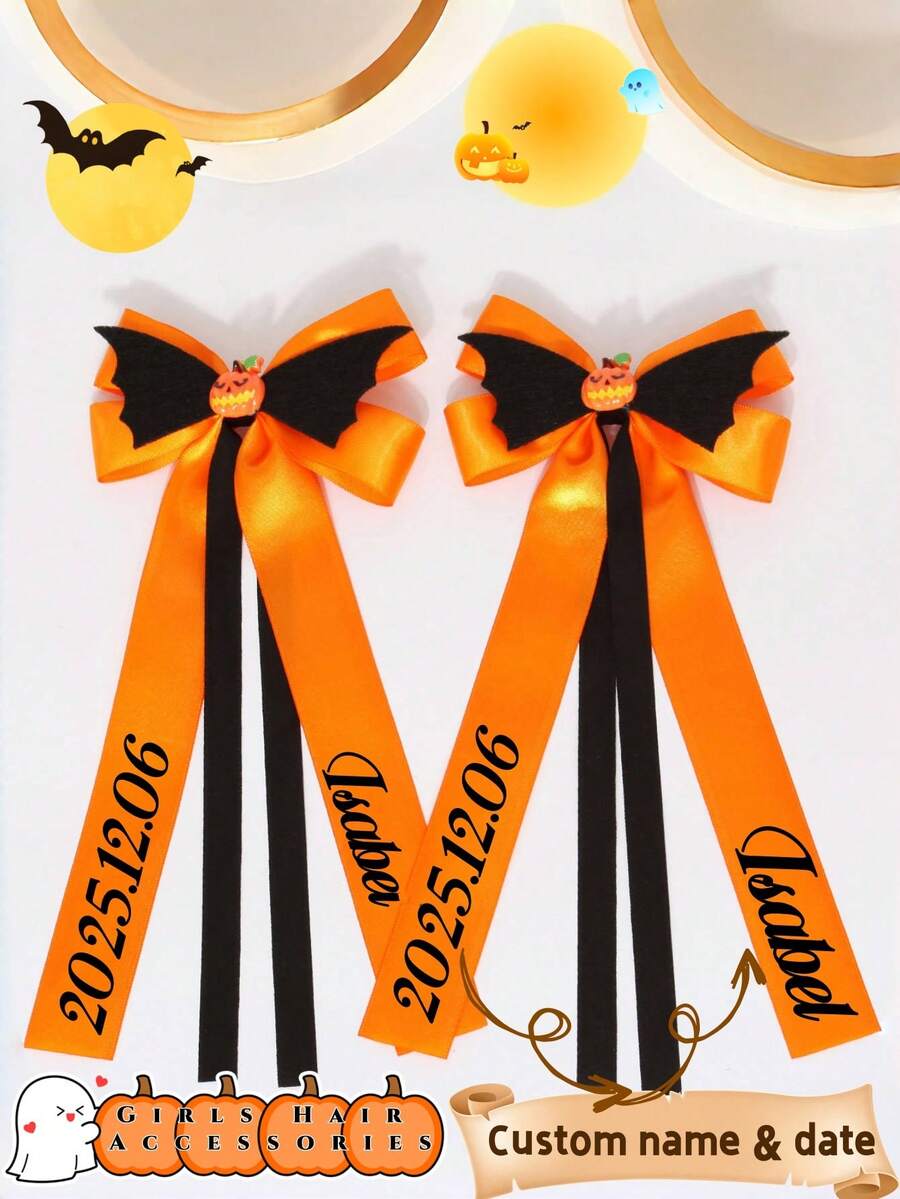 1 Peça Acessório de Cabelo Personalizado com Tema de Halloween para Meninas, Personalizado com Data, Nome ou Designs Engraçados como Morcegos, Abóboras, Laços de Palhaço nas Cores Preto, Amarelo, Roxo. Presente de Halloween Perfeito para Ela