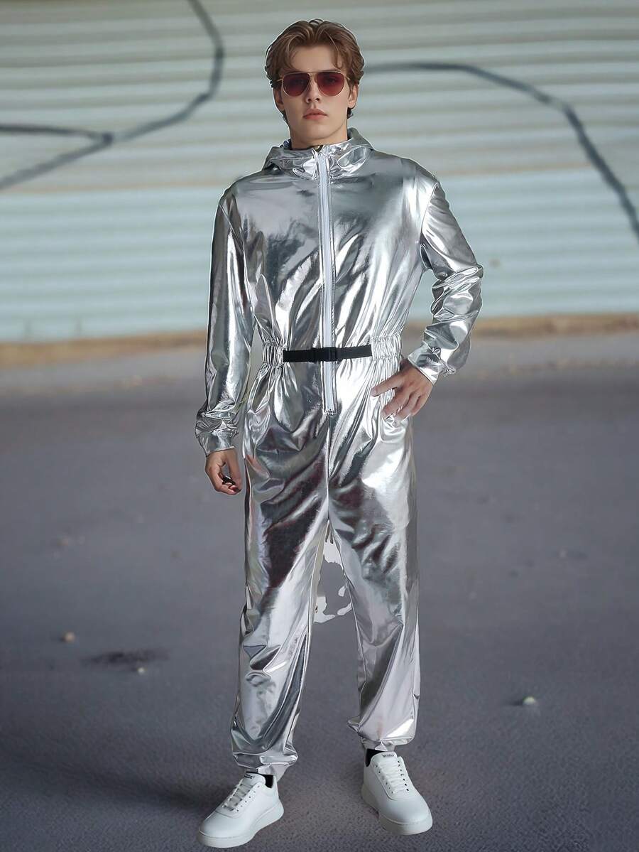 1pc Men's New Stylish Outfit, Premium Laser Holographic Fabric Design, Suitable For Halloween And Various Carnival Festival Party Wear