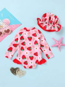 可爱优雅的幼儿泳衣，柔软舒适，草莓花卉印花拼色荷叶边拉链长袖连体泳衣，带蝴蝶结装饰帽，适合夏季泳池、海滩、度假 - 彩色 - 查看 2