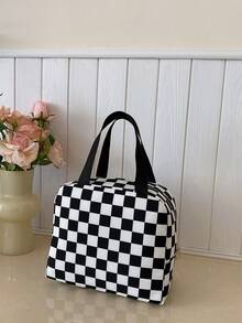 Bolso de mano grande de nailon con estampado de cuadros, bolsa de almuerzo de moda