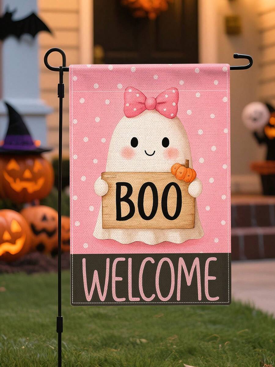 1 Stück Halloween Thema Rosa Punkte Schleife Geist Kürbis WILLKOMMEN Text Garten Flagge - Feiertag doppelseitig wasserdicht Jute, 11.8x17.7 Inches - Herbst Outdoor Dekoration, Outdoor Dekoration (Fahnenmast nicht enthalten)