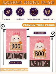 1 Stück Halloween Thema Rosa Punkte Schleife Geist Kürbis WILLKOMMEN Text Garten Flagge - Feiertag doppelseitig wasserdicht Jute, 11.8x17.7 Inches - Herbst Outdoor Dekoration, Outdoor Dekoration (Fahnenmast nicht enthalten)