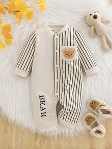 1 Stück Baby Jungen Kapuzen-Halbreißverschluss Kontrast-Farbblock Patchwork 3D Bären-Ohren & Buchstaben-Muster Langarm-Romper, Herbst/Winter