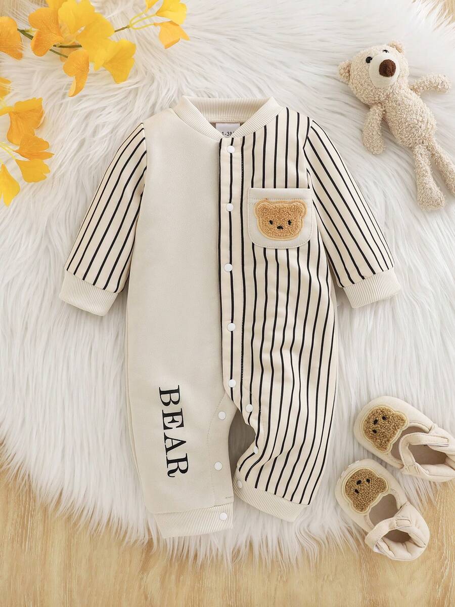 1 Stück Baby Jungen Kapuzen-Halbreißverschluss Kontrast-Farbblock Patchwork 3D Bären-Ohren & Buchstaben-Muster Langarm-Romper, Herbst/Winter