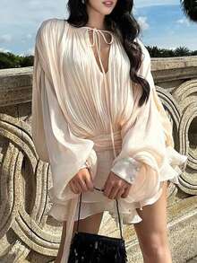 Women's Elegant Ruffle Mini Dress Long Lantern Sleeve V-Neck Lace Up Layered Pleated Loose Short Dress Tie High Waist Cocktail Swing Mini Dresses - 杏色 - 查看 5