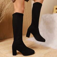 黑色弹力过膝靴，绒面革面料，粗跟，时尚靴子，舒适透气优雅百搭及膝靴，适合女士，秋冬