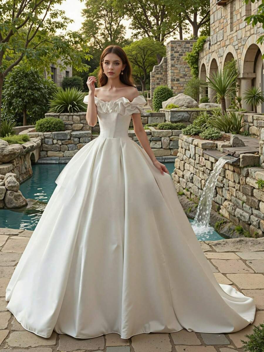 1pc White Off Shoulder Rufyhe Satin BAll Gown Wedding Dress, Elegant Bridal Gown With Train, All Seasons, HAlloween Gift, Elegant And Comfortable, Suitable For Wedding,Party, Singles' Party,Vacation,Bride,Formal Occasions,Dinner Dress,Prom Dress,Homecoming Dress,Cocktail Party,Birthday Party - 白色 - 查看 1