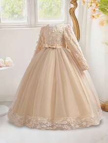 少女优雅花卉蕾丝网纱长袖花童礼服，不含头饰