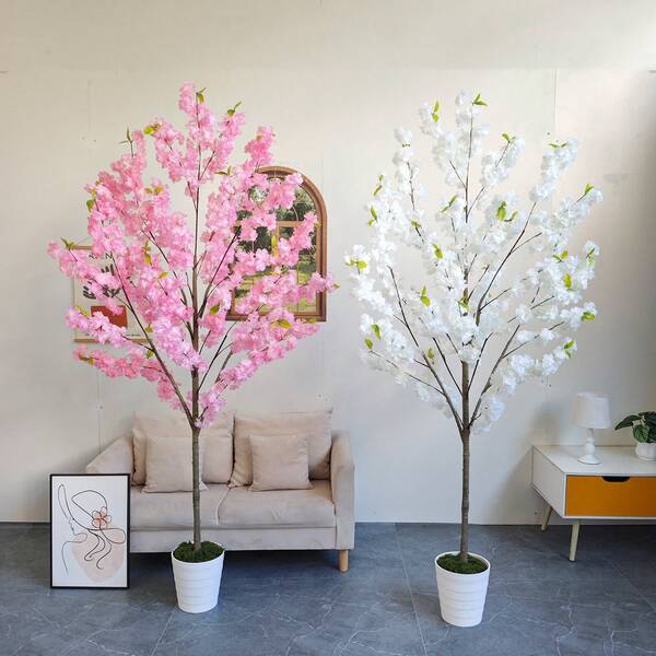 1 pièce Arbre de fleurs de cerisier artificielles avec feuilles, 1,60 m - 2,10 m de hauteur, plante factice réaliste pour une utilisation intérieure et extérieure, parfait pour la décoration de la maison, les mariages, les festivals, le salon, avec pot en plastique et mousse