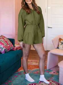 Women's Half Zip Hooded Romper Long Sleeves Drawstring Waist Shorts Daily Casual Jumpsuit Fall Clothes For Women - Army Green - View 3