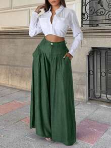 2026 New Spring/Summer Women's Solid Color Casual Elegant Street Outing Date Back To School Party Pleated Straight Leg High Waist Dark Green Pants, Suitable For Valentine's Day Date, New Year, Beach, Party, Spring Women's, Elegant And Dignified Pants. Women's Pants, Fall Women, Casual Women, Streetwear - Dark Green - View 3