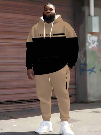 Plus Size Men 3D Printed PARIS Gradient Stripes Fall/Winter Fashion Casual Hoodie Plus Sweatpants Two-Piece Set, Men, Fall Clothes