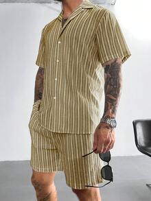 INS 风格男士两件套波西米亚钩针针织衬衫和短裤，多色条纹提花纹理套装，适合海滩度假音乐节夏威夷度假装，送给他的礼物，老钱度假装，舒适服装