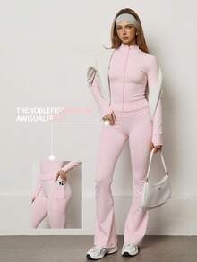 PinkTip Pink Tip Women's Solid Color Seamless Elastic Jacket & Leggings Sports Set, Butt Lifting Slim-Fit Soft Pants, Casual Sportswear For Daily, Fitness, Workout, Running, Yoga, Pilates Spring - 粉色 - 查看 1