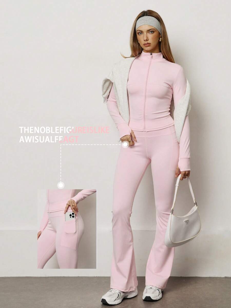 PinkTip Pink Tip Women's Solid Color Seamless Elastic Jacket & Leggings Sports Set, Butt Lifting Slim-Fit Soft Pants, Casual Sportswear For Daily, Fitness, Workout, Running, Yoga, Pilates Spring - 粉色 - 查看 1