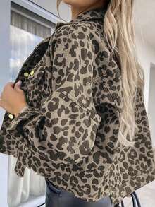 Chaqueta casual de mujer de manga larga con un solo botonadura, estampado de leopardo y hombros caídos para otoño - Caqui - Ver 3