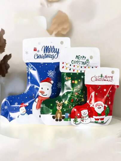 9pcs Christmas Stocking Shaped Stand-Up Closure Bags, Durable Plastic Material, Reusable Gift Bags With Santa Claus, Elk, Snowman Patterns, Suitable For Christmas Decorations, Gift Wrapping, Christmas Gift Bags, Holiday Designs, Seasonal Decorations, Christmas Home Decorations, Christmas Candy Bags And Christmas Cookie Bags.