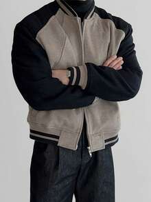 Men's Autumn/Winter Fashion Casual Windproof Wool Blend Colorblock Baseball Jacket, Essential For Daily Commute, Custom Ribbed Patchwork Design, Great Gift