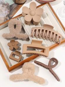 8 peças/Conjunto Minimalista Cor de Café Floral, Pele, Presilhas de Cabelo e Acessórios de Cabelo, Uso Versátil Diário e de Outono/Inverno, Garra de Cabelo, Clipe de Garra, Clipe de Mandíbula de Cabelo, Grampo de Cabelo, Clipe de Cabelo, Clipe Coletor de Cabelo, Flor de Outono para Looks de Férias Femininos