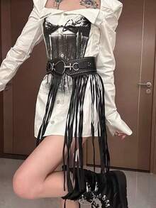 European And American Sexy Lady Long Tassel Waist Belt, Retro Street Style Versatile Waist Strap, Suitable For Skirts, Halloween, Christmas - Black - View 3