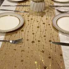 1pc Champagne Color Striped Gold Star 11*108 Inch Party Table Runner, Suitable For Wedding, Party, Banquet, Event, Daily Use, DIY, Christmas - Multicolor - View 2