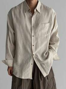 男士纯色前口袋纽扣长袖休闲衬衫，夏季，秋季 - 彩色 - 查看 3