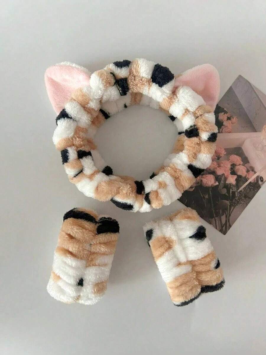 3pcs Cute Polka Dot & Stripe Cat Ear Headband, Waterproof Multi-Function Wristband For Washing Face, Makeup & Skincare Home Bathroom Decor Fall Decor Back To School - 彩色 - 查看 1