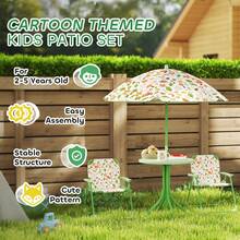 AIYAPLAY Children Table And Chair Set With Adjustable Parasol, 2 Folding Chairs, Picnic Table, Fox Pattern Outdoor Patio Set, For Ages 2-5 Years, Green - Green - View 7