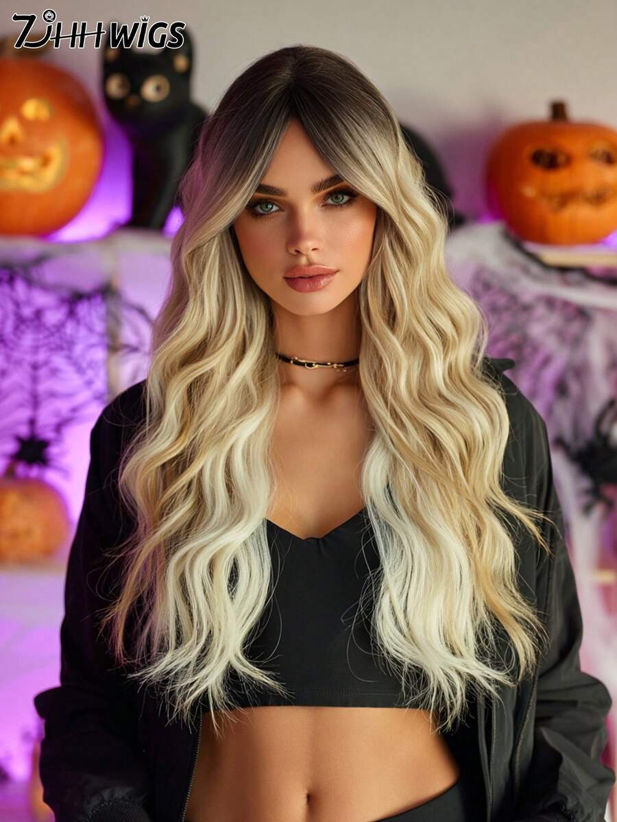 24 Inch Long Wavy Beige Blonde Highlight Wig With Curtain Bangs For Women Heat Resistant Fiber Hairpiece With Dark Roots,Natural Synthetic Full Machine Hair Wigs For Daily Music Festival Party Wear, Cosplay Halloween & Street Photography Use - 亞麻金 - 查看 1