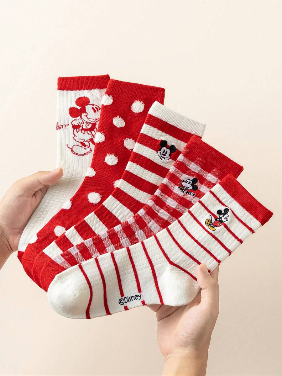 Disney 1/5双迪士尼官方女士袜子，刺绣米奇老鼠礼品袜，卡通刺绣袜，动画人物袜，男女通用趣味袜，迪士尼袜子 - 彩色 - 查看 1