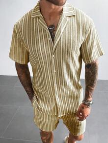 INS 风格男士两件套波西米亚钩针针织衬衫和短裤，多色条纹提花纹理套装，适合海滩度假音乐节夏威夷度假装，送给他的礼物，老钱度假装，舒适服装