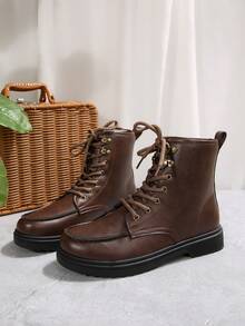 女士秋冬新款切尔西棕色厚底7孔系带软舒适轻便套穿厚底踝靴、骑马靴、短靴、中筒靴 - 棕色 - 查看 6