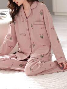 [PONX]1 Set Women's Pajamas, Long Sleeve Top And Pants, Soft Homewear For Spring And Autumn, Fall Winter Clothes - Pink - View 5
