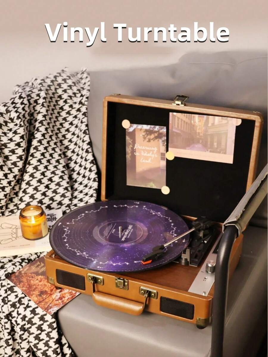 Tourne-disque vinyle trois vitesses portable sans fil avec haut-parleurs intégrés, tourne-disque à entraînement par courroie prenant en charge la connectivité sans fil/USB/carte SD, sortie RCA/entrée AUX/prise casque pour profiter d'une qualité sonore vintage (marron rétro)
