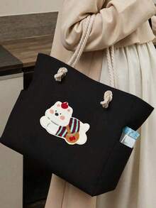 黑色帆布手提包，大容量单肩包，手提包，条纹衣服上的白色小狗装饰，耐用可重复使用的购物袋，手提包，野餐包，游泳包，适合日常使用，旅行，度假，通勤，上学，工作，旅行收纳，度假收纳袋，日常必需品，完美的节日礼物 - 黑色 - 查看 3