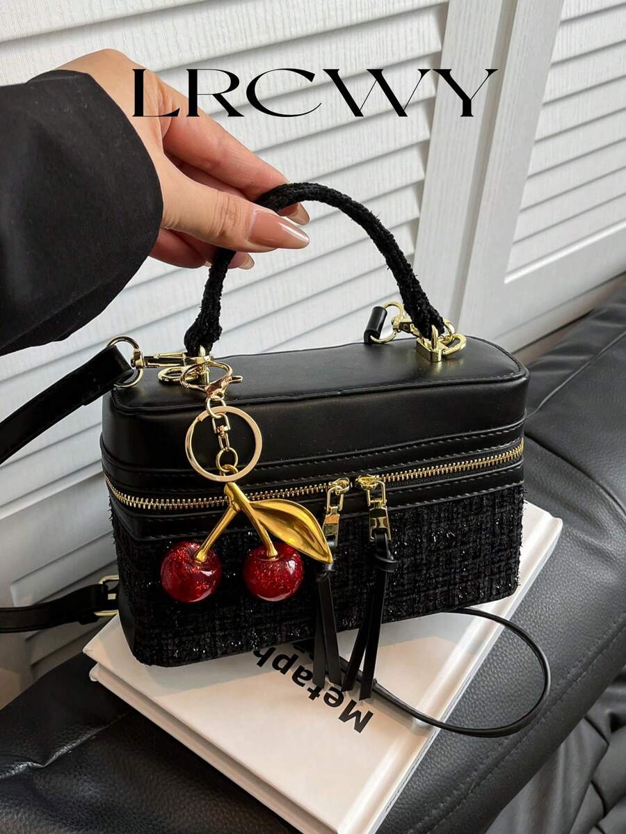 1 件女士时尚方形手提包，优雅斜挎包，带手机袋，黑色，带樱桃吊饰