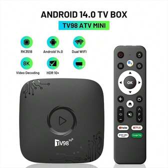 A TV98 ATV迷你电视盒高清4K安卓14双WiFi 4G 5G机顶盒RK3518语音遥控智能媒体播放器