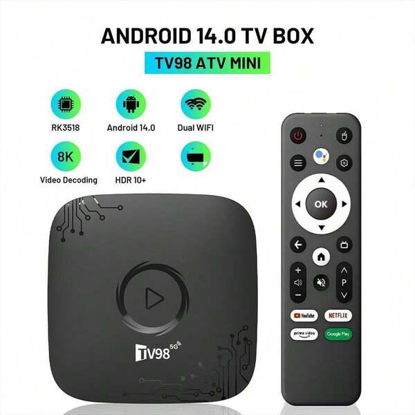 A TV98 ATV Mini TV Box HD 4K Android 14 Dual WiFi 4G 5G Set Top Box RK3518 Voice Remote Smart Media Player