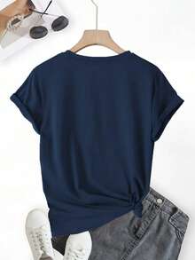 تيشيرت نسائي بطبعة قلب نمر أزرق داكن - كاجوال بياقة مستديرة وأكمام قصيرة، مناسب لعيد الحب، ملابس علوية نسائية - أزرق بحري - مشاهدة 2