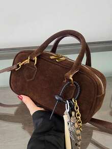 Vintage Fashionable Versatile Textured Boston Bag, Elegant Charm Decor Large Capacity Tote, Unique Solid Color Crossbody Bag, Suitable For Commuting, Shopping And Work (Charm Style Random) - Coffee - View 7