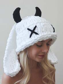 ‌Mystical Devil Horns Knitted Beanie With Soft Plush Ears,Ultra-Warm Winter Hat For Men & Women, Gothic & Punk Fashion Accessory, Halloween & Cosplay Costume