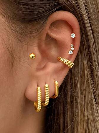 7 件精美 24K 镀金方晶锆石耳钉 女士光滑简约环形耳环套装