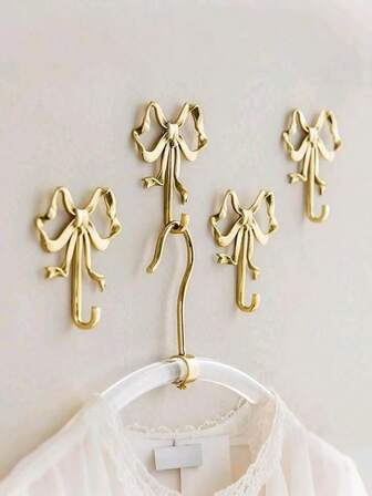 Golden Bowknot Wall Hook, Gold Bow Knot Hooks, Brass Bow Wall Hooks, Door Hanger, Towel Hooks, Brass Coat Hooks, Decorative Hooks For Wedding, Bathroom, Living Room, Kitchen Decor , Brass Metal Wall-Mounted Hanger For Living Room Bathroom