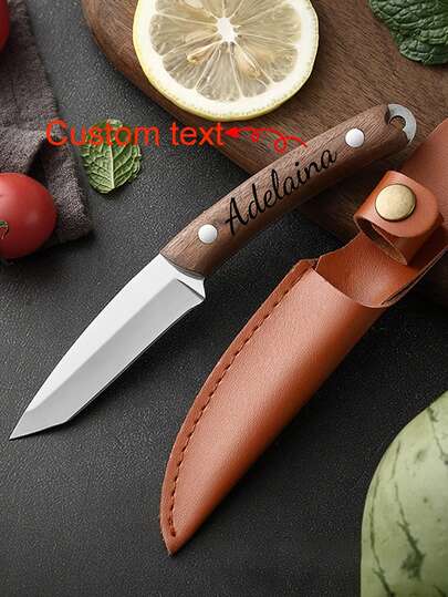 Cuchillo de fruta de acero inoxidable personalizado con logotipo para el hogar, cuchillo portátil para acampar al aire libre y barbacoa con funda, cuchillo pelador de mango de madera de Yanjiang