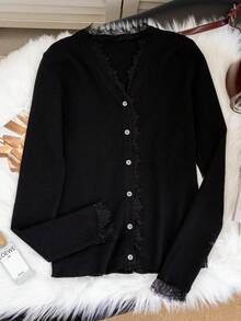 Romantic Lace Patchwork Slim Fit Women Knit Cardigan, Elegant Fitted Black Open Front Layering Sweater - Black - View 5