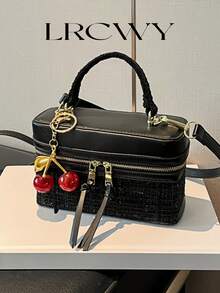 1 件女士时尚方形手提包，优雅斜挎包，带手机袋，黑色，带樱桃吊饰 - 黑色 - 查看 3